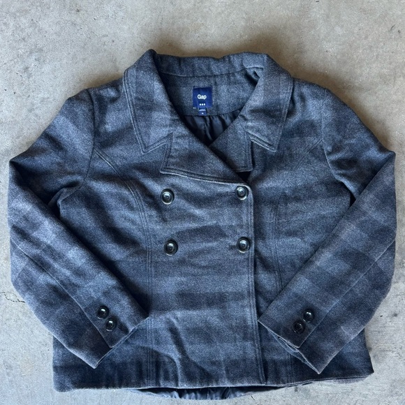 73% Wool Vintage Grey & Black Stripped Gap Pea Coat/Blazer - Picture 2 of 10